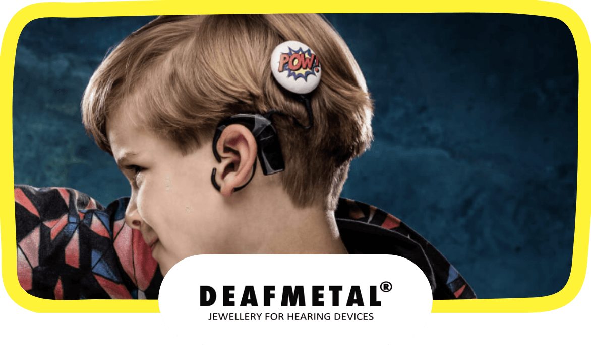 A kid with a fun hearing aid accessory from Deafmetal, with Deafmetal's logo beneath.